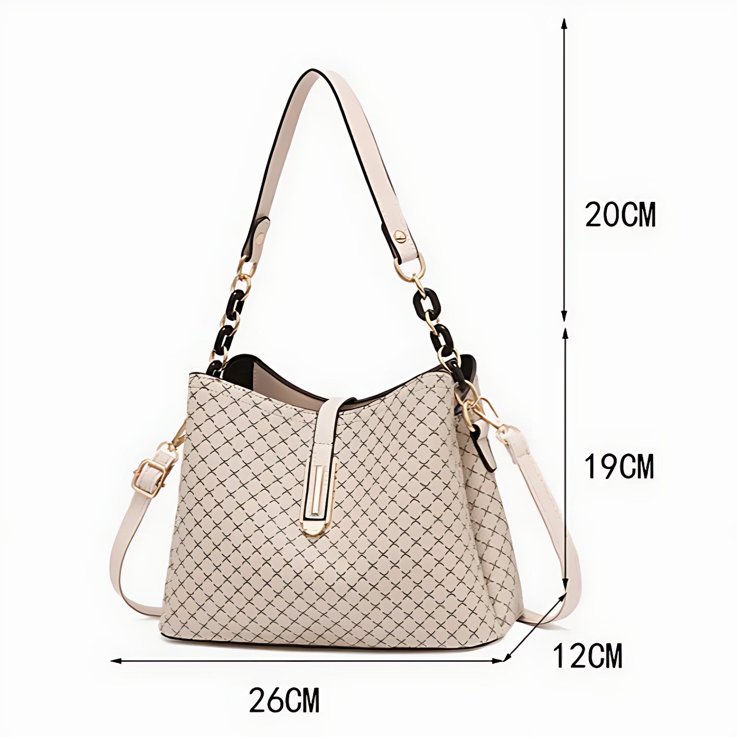 Dimensions du sac seau vintage femme en simili cuir beige avec bandoulière