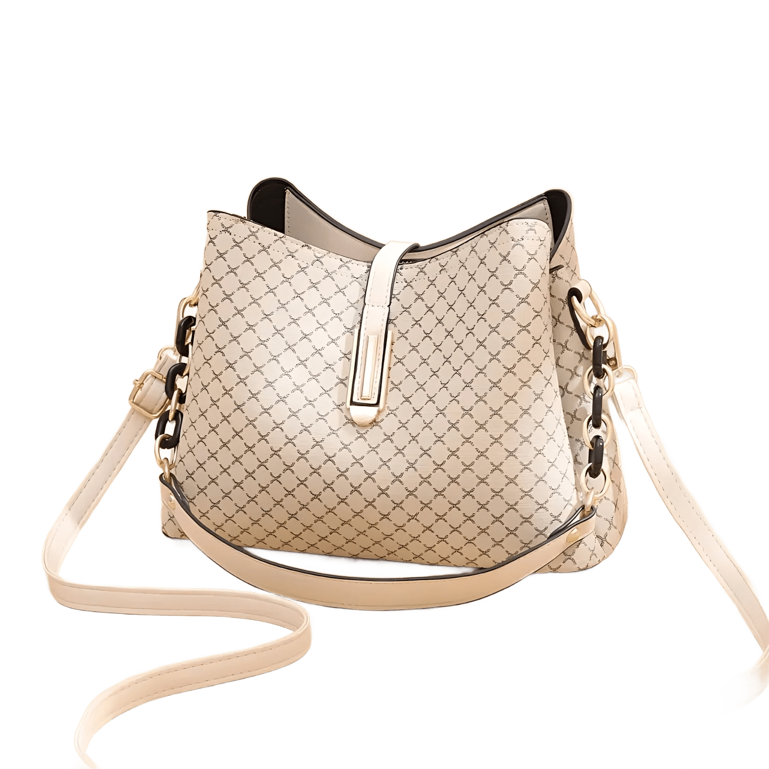 Sac seau vintage femme en simili cuir beige avec bandoulière ajustable et design tressé