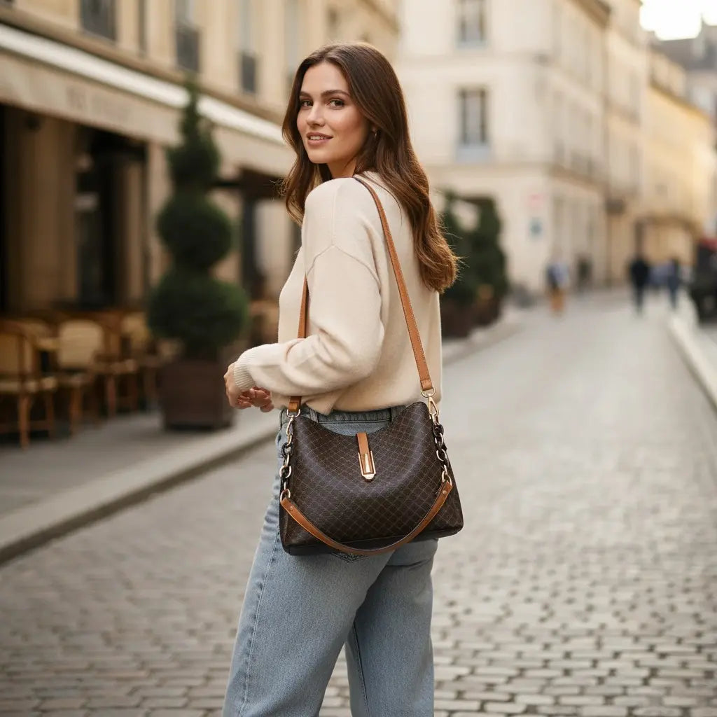 Sac seau vintage femme en simili cuir noir porté à l’épaule avec style moderne