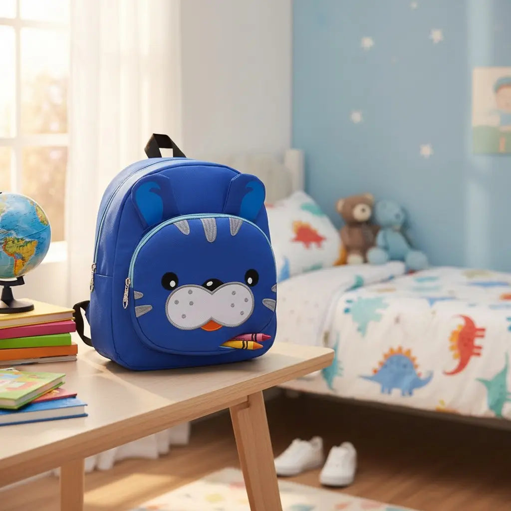 sac à dos tigre bleu posé sur un bureau dans une chambre d’enfant