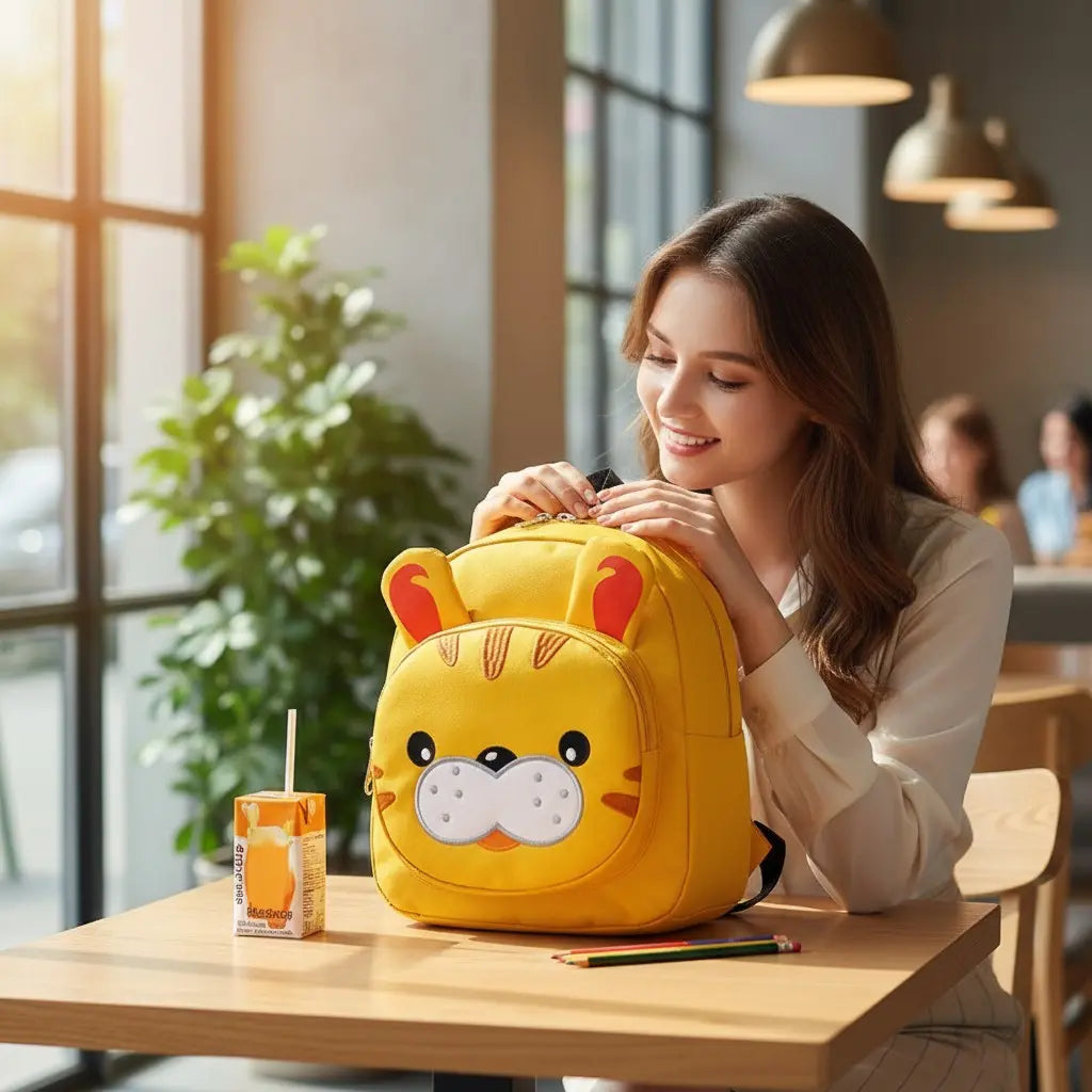 Sac à dos tigre jaune posé sur un bureau dans une chambre d’enfant