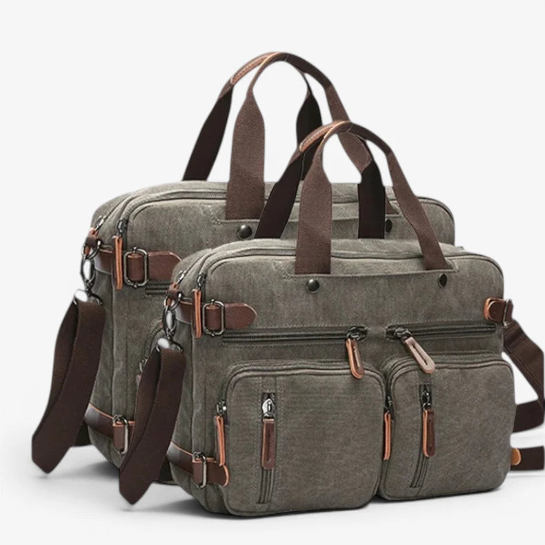 Sac en toile homme gris multipoches style vintage avec anses renforcées