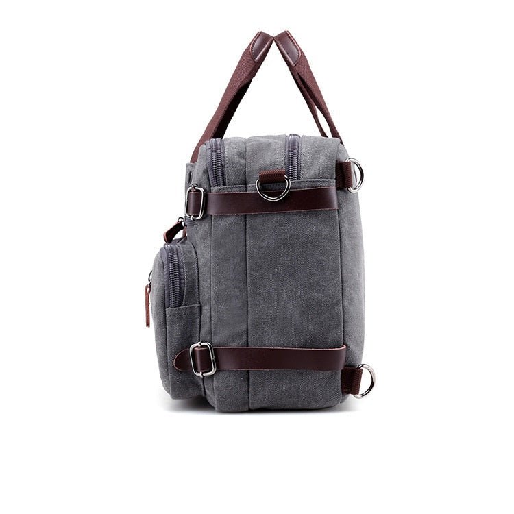 Sac en toile homme gris vu de côté avec anses et bandoulière