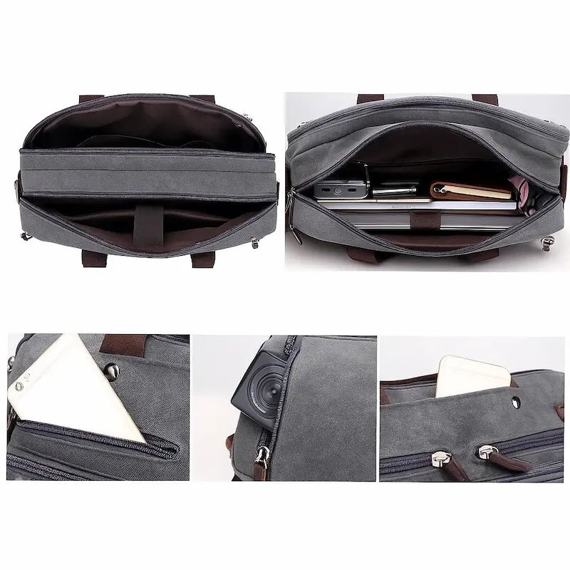 Compartiments intérieurs du sac en toile homme avec rangements pour tablette et objets personnels