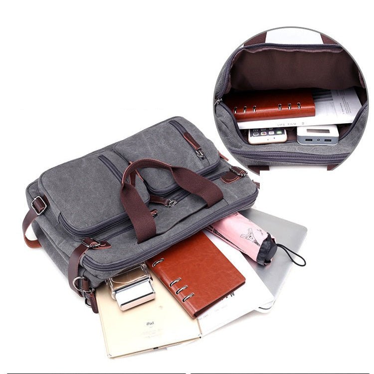 Vue intérieure sac en toile homme avec compartiments pour documents et accessoires