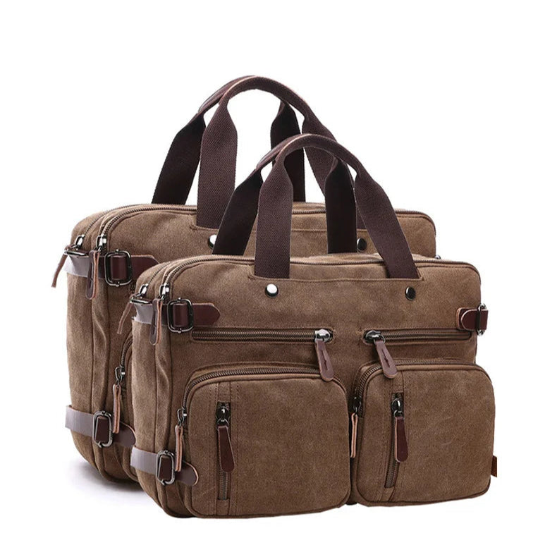 Sac en toile homme marron avec multiples poches zippées et anses renforcées