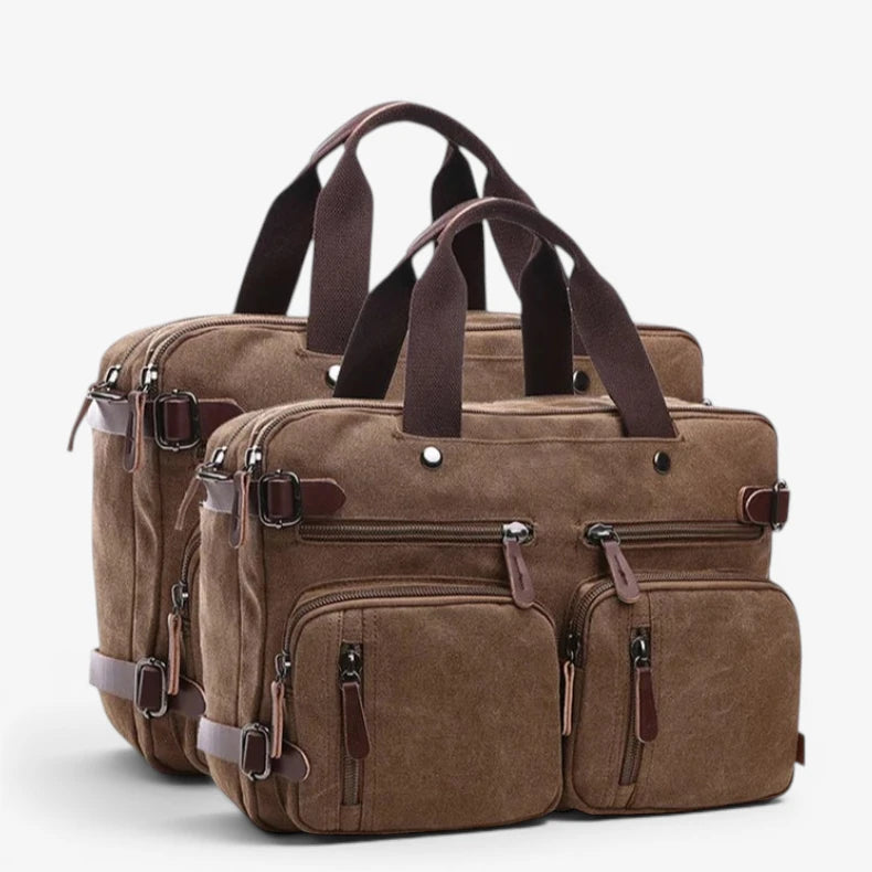 Sac en toile homme marron avec multiples poches zippées et anses renforcées