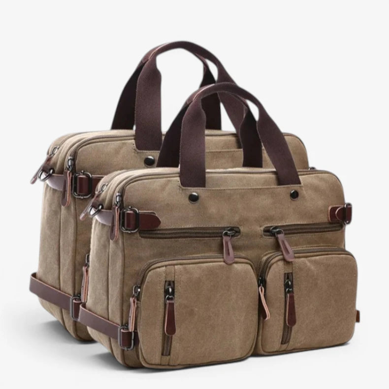 Sac en toile homme vintage avec multiples poches zippées et anses renforcées