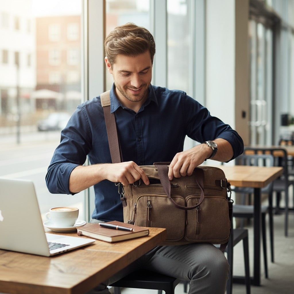 Sac en toile homme vintage posé sur une table de café avec homme en train de l’ouvrir