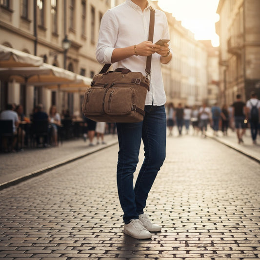 Sac en toile homme porté à la main dans la rue style vintage