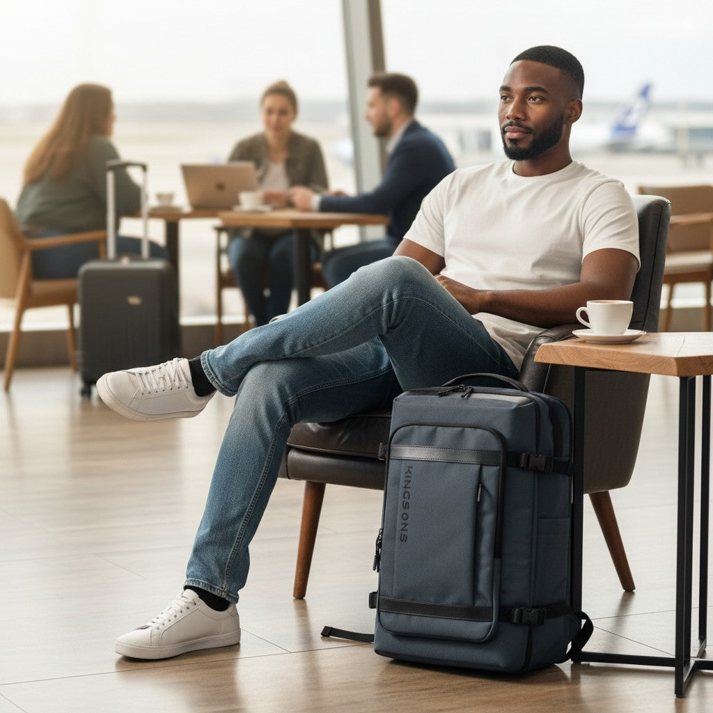Sac de voyage 17 pouces noir posé près d’un homme assis en zone d’attente