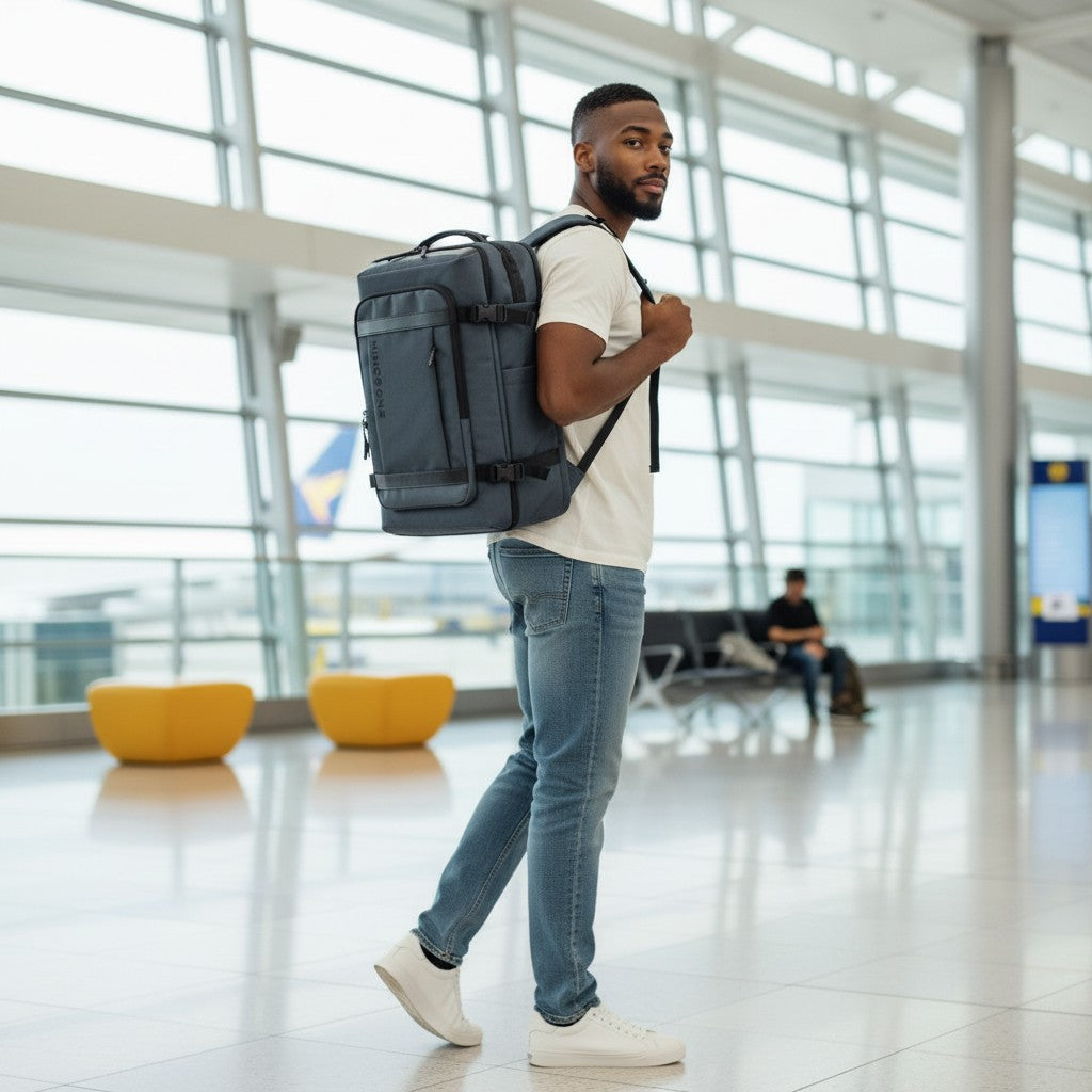 Sac de voyage 17 pouces noir porté dans un terminal d’aéroport