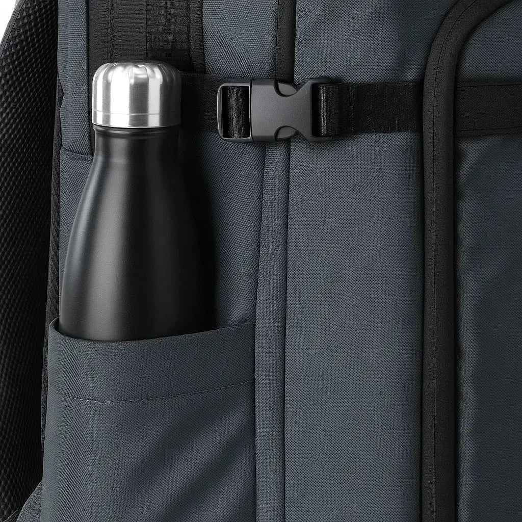 Poche latérale d’un sac de voyage 17 pouces contenant une bouteille isotherme