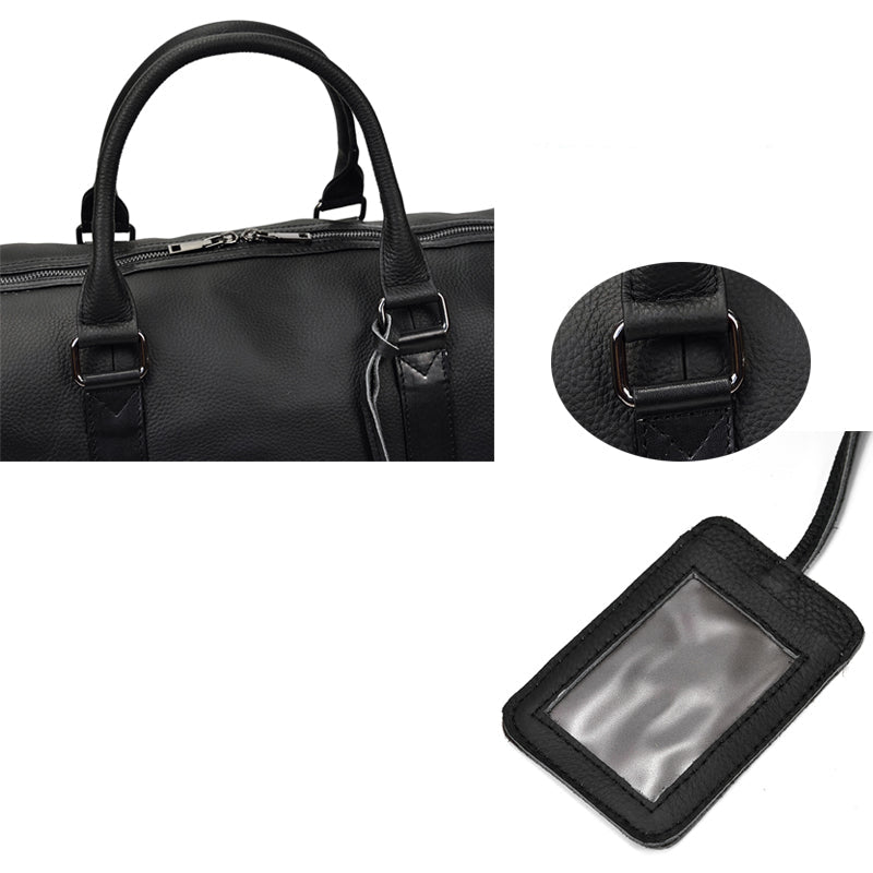 détails des anses, boucle réglable et porte-étiquette du sac de voyage en cuir noir