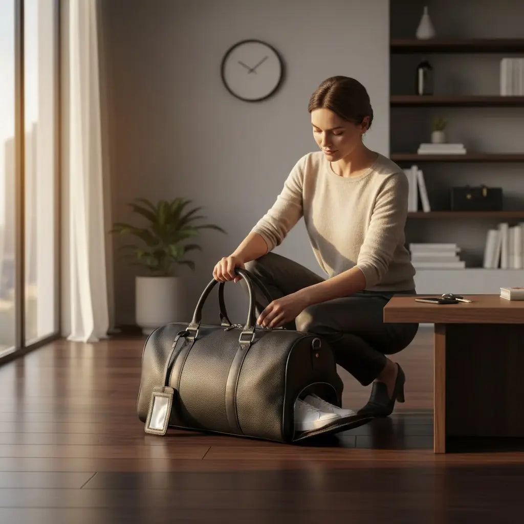 Sac de voyage en cuir véritable noir avec grande ouverture zippée et compartiment spacieux pour vêtements et accessoires.