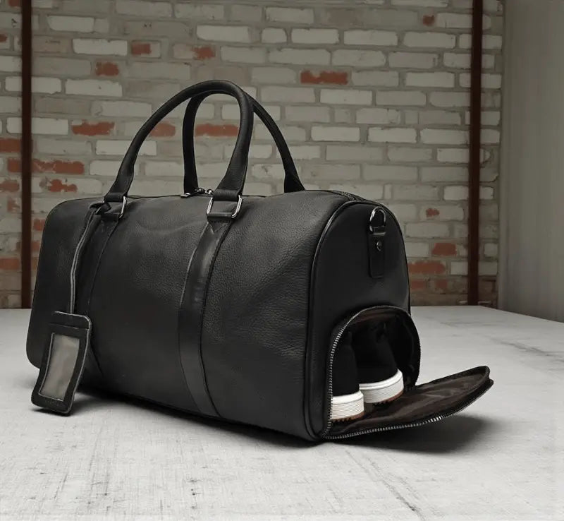 vue trois-quarts du sac de voyage en cuir noir avec compartiment chaussures ouvert