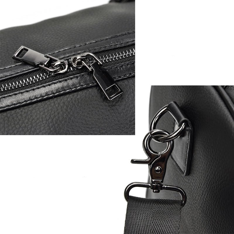 détails des fermetures métalliques du sac de voyage en cuir noir – zip et mousqueton