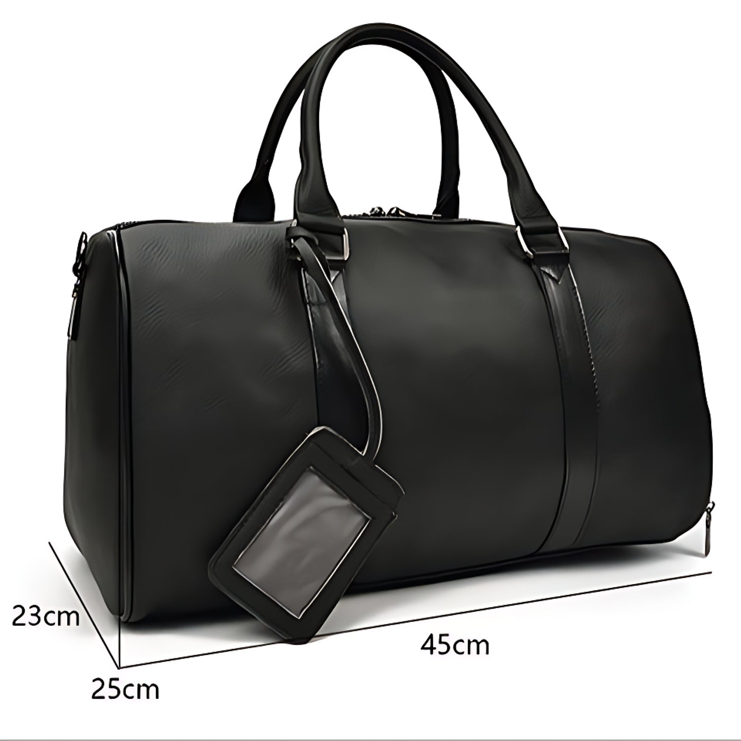 sac de voyage noir en cuir avec étiquette – dimensions 45x25x23 cm