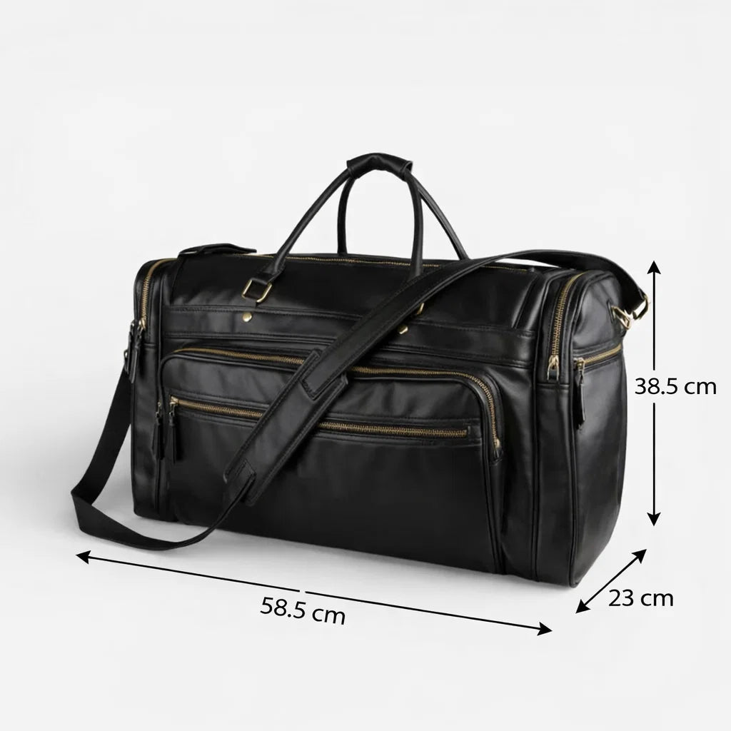 Dimensions du sac de voyage noir en cuir : 58,5 × 38,5 × 23 cm
