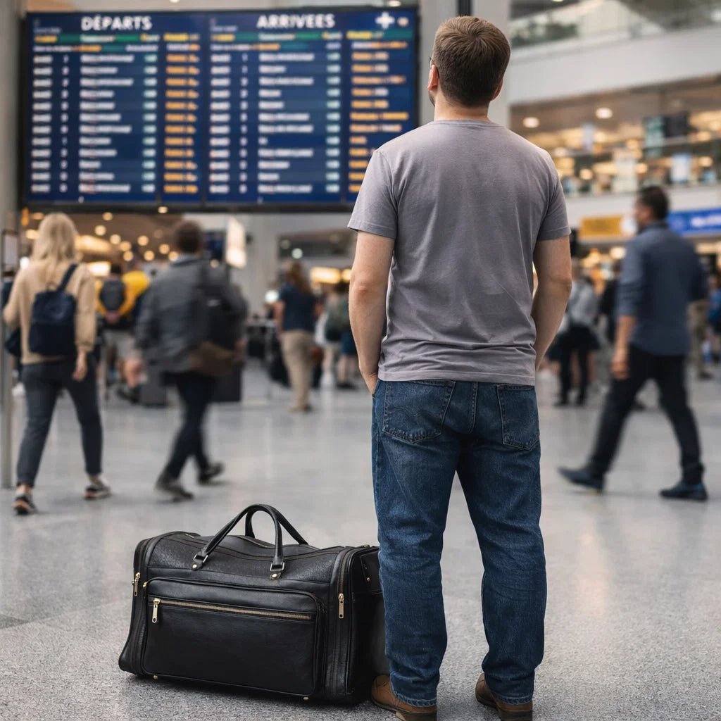 Sac de voyage noir en cuir pleine fleur posé au sol dans un hall d’aéroport