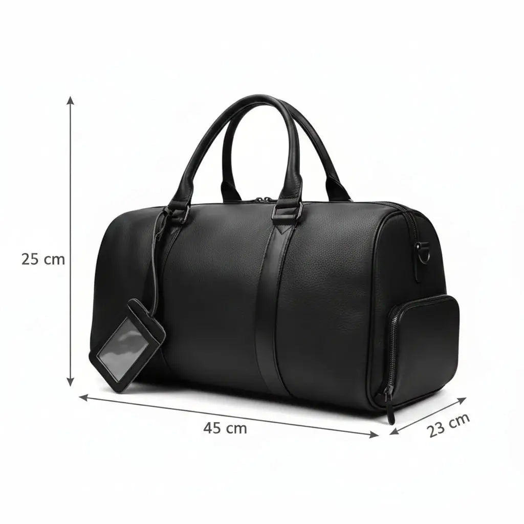 sac de voyage noir en cuir avec étiquette – dimensions 45x25x23 cm