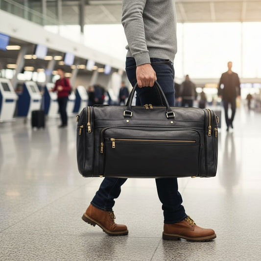 Sac de voyage noir en cuir pleine fleur porté main dans un hall d’aéroport