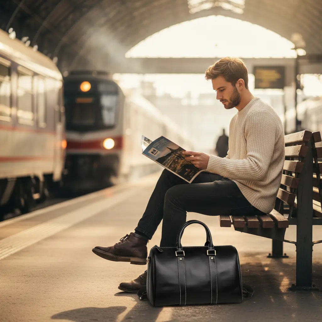 Vue de face du sac de voyage en cuir noir avec bandoulière réglable sur le quai d'une gare 
