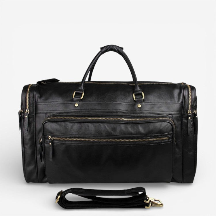 Vue avant du sac de voyage noir en cuir avec poches zippées