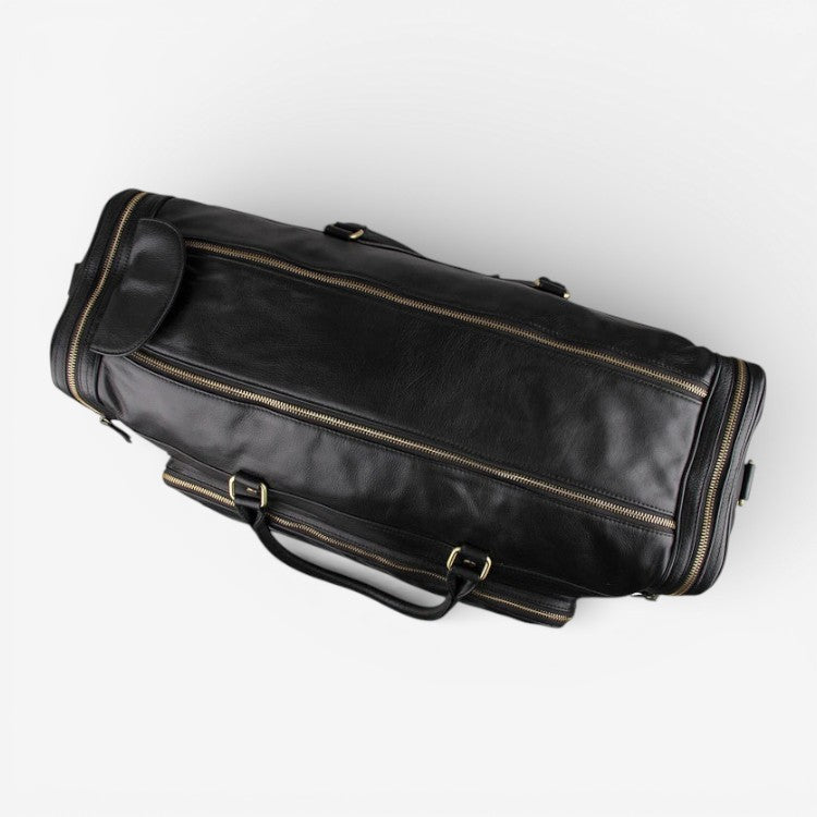 Sac de voyage noir en cuir pleine fleur vue de dessus à double zip 