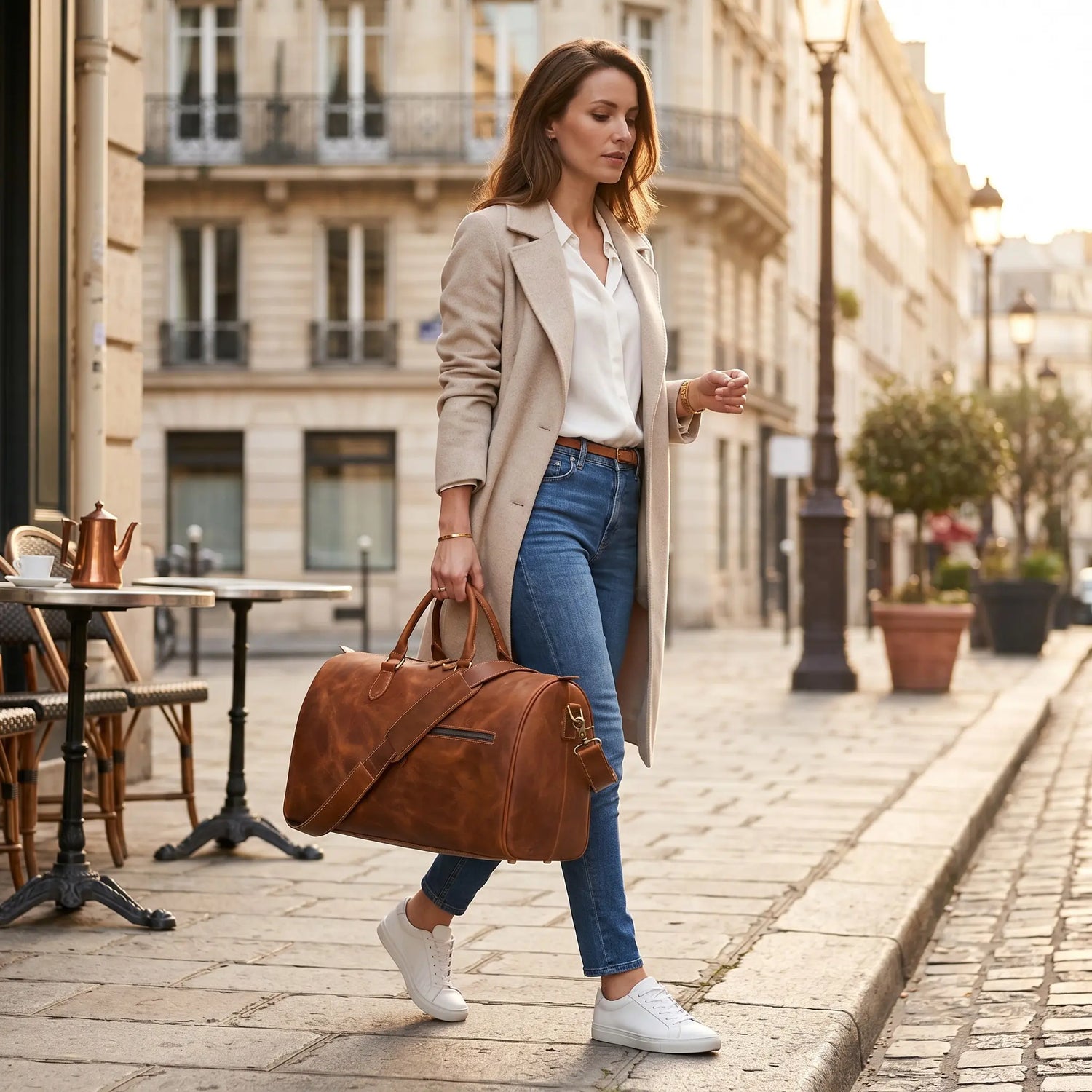 Femme portant un sac de voyage en cuir de vachette marron dans une rue commerçante