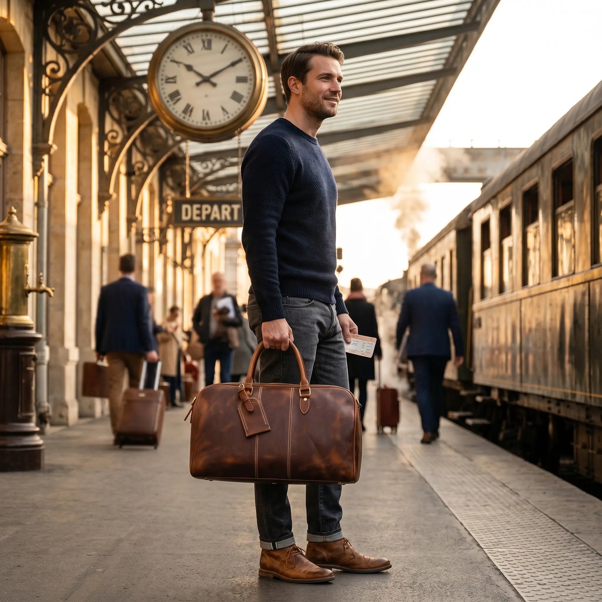 Homme portant un sac de voyage en cuir de vachette dans une gare