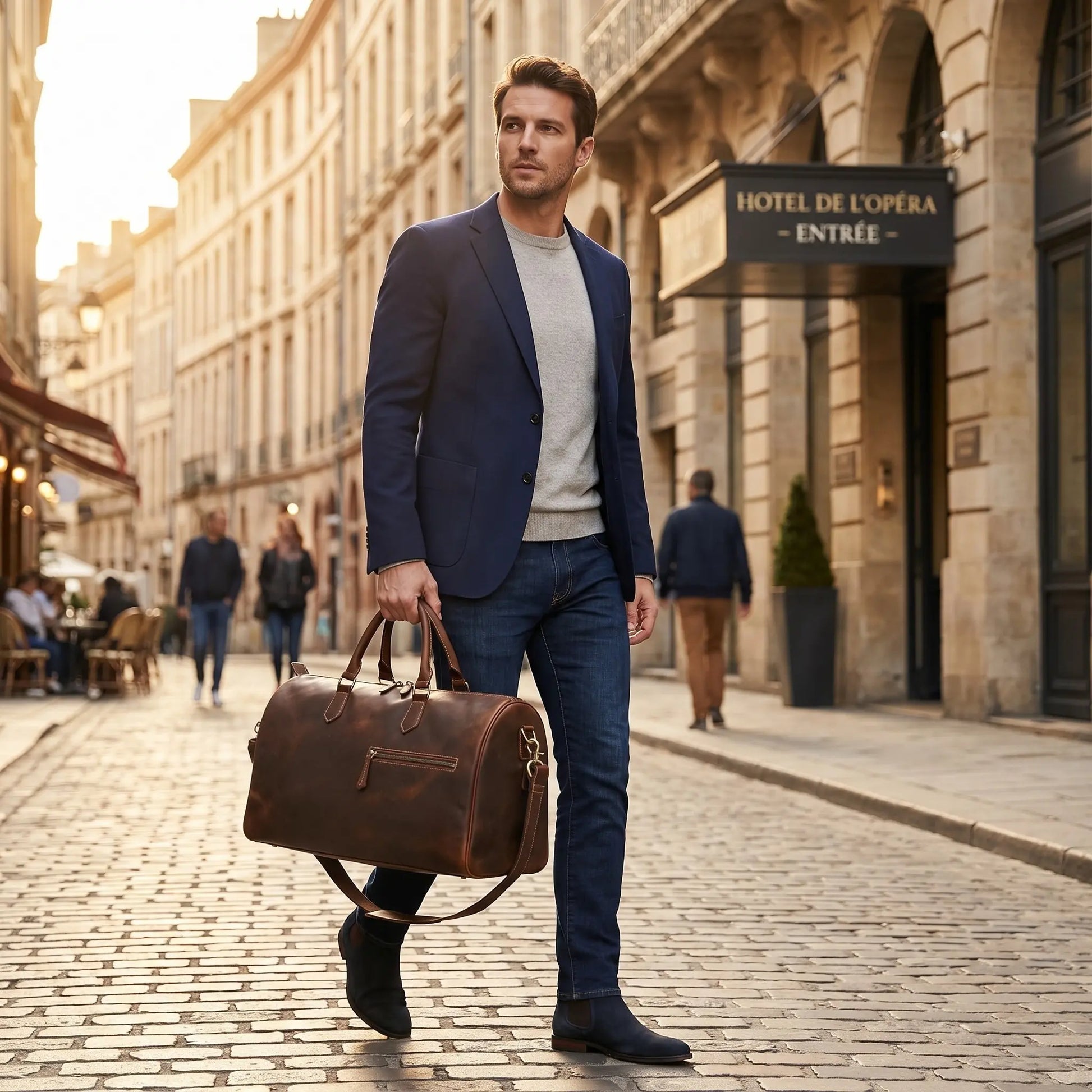 Homme portant un sac de voyage en cuir de vachette dans une rue de ville