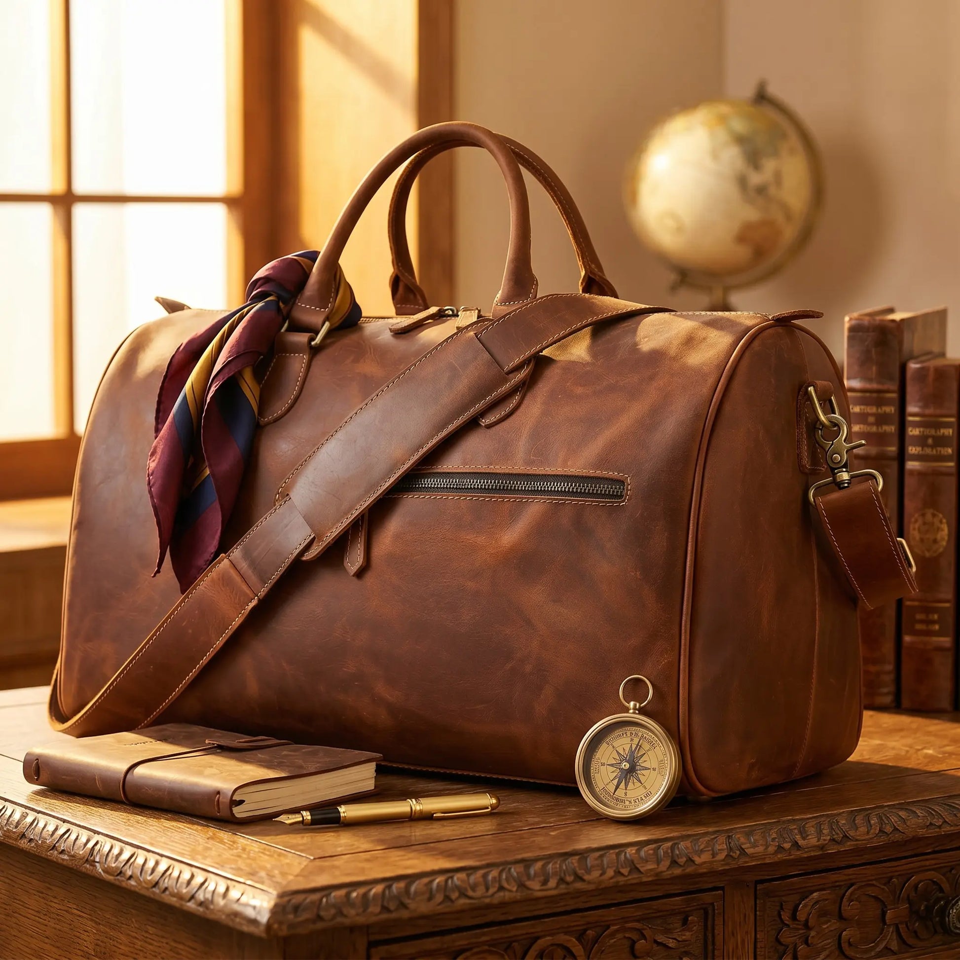 Sac de voyage en cuir de vachette marron posé sur un bureau avec accessoires de voyage