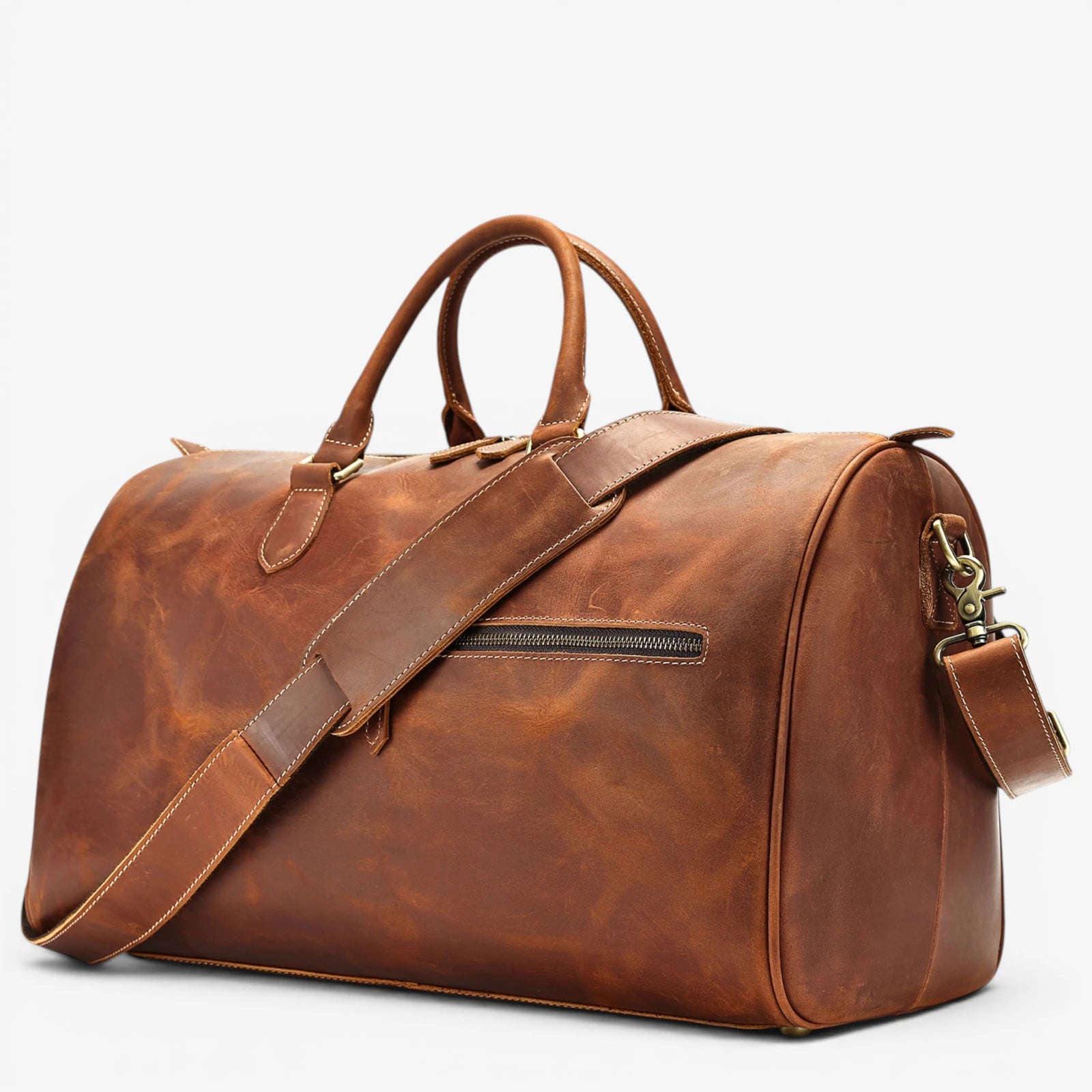 Sac de voyage en cuir de vachette marron clair avec bandoulière réglable