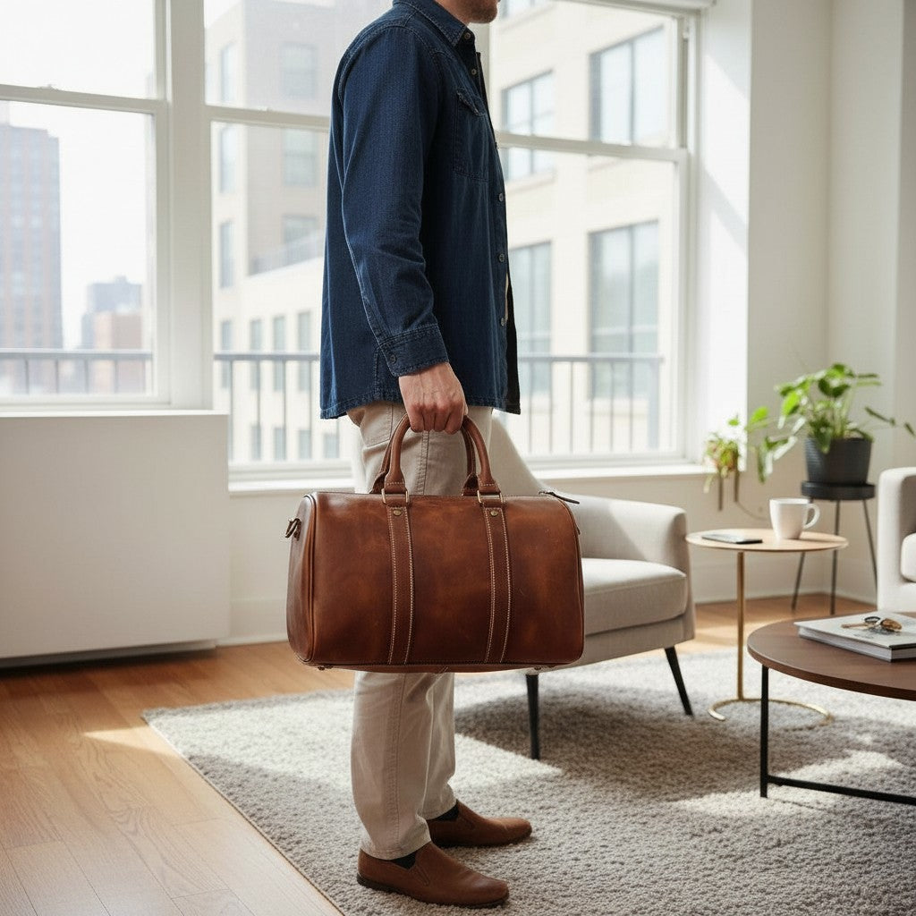 Homme tenant à la main un sac de voyage en cuir de vachette marron dans un salon lumineux