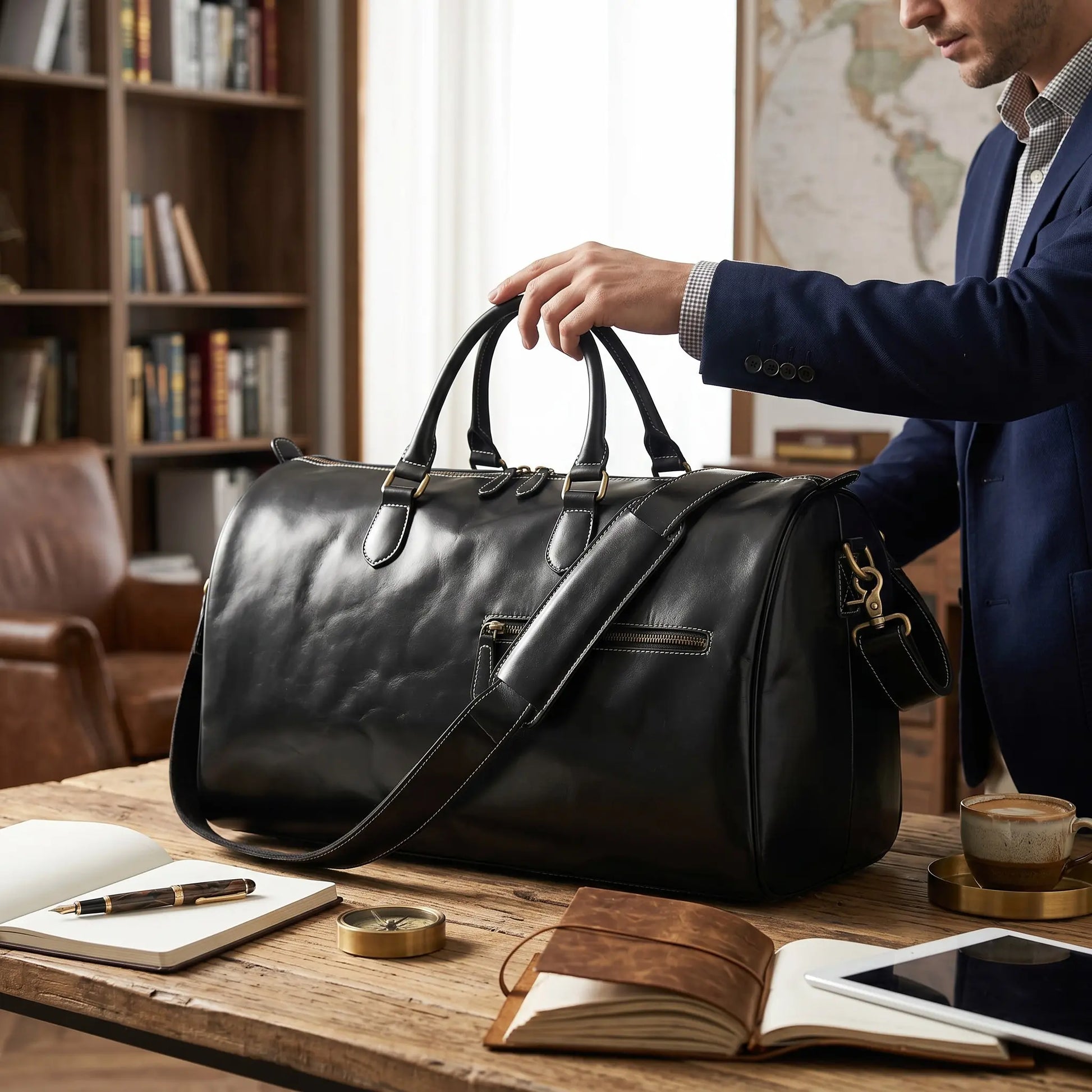 Sac de voyage en cuir de vachette noir avec doubles poignées et bandoulière réglable