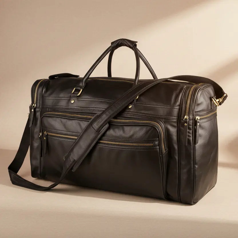 Sac de voyage noir en cuir pleine fleur photographié en studio sur fond beige