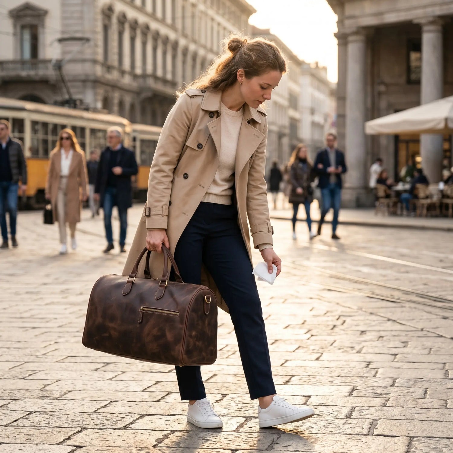 Sac de voyage en cuir de vachette pleine fleur porté lors d'un déplacement en ville
