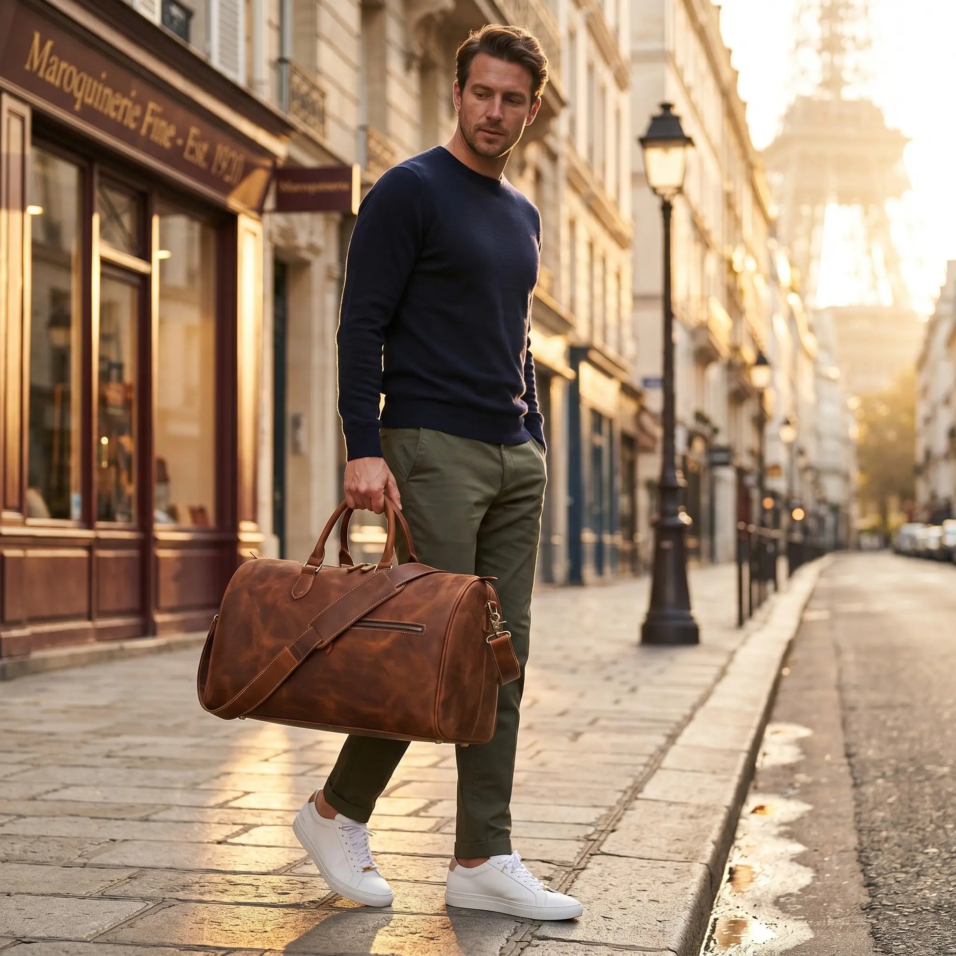 Sac de voyage en cuir de vachette porté à la main lors d'un déplacement en ville