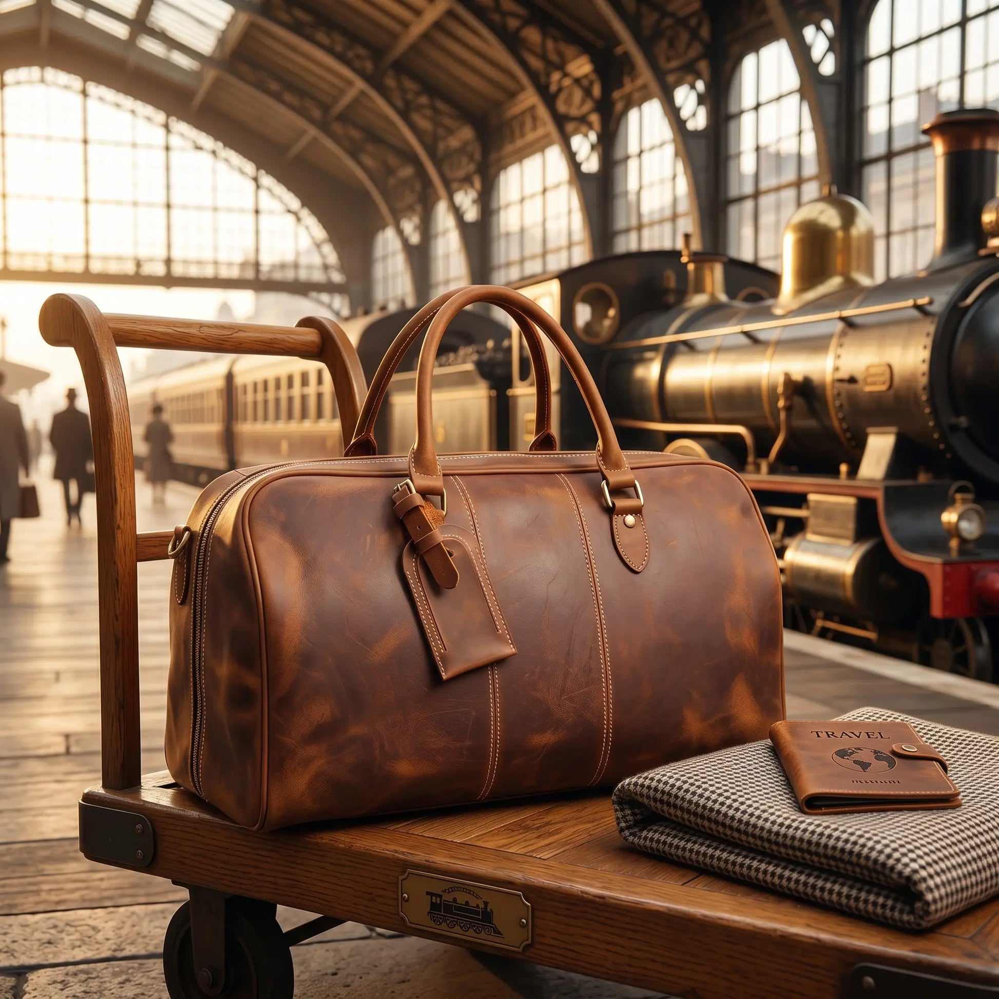Sac de voyage en cuir de vachette posé sur un chariot dans une gare