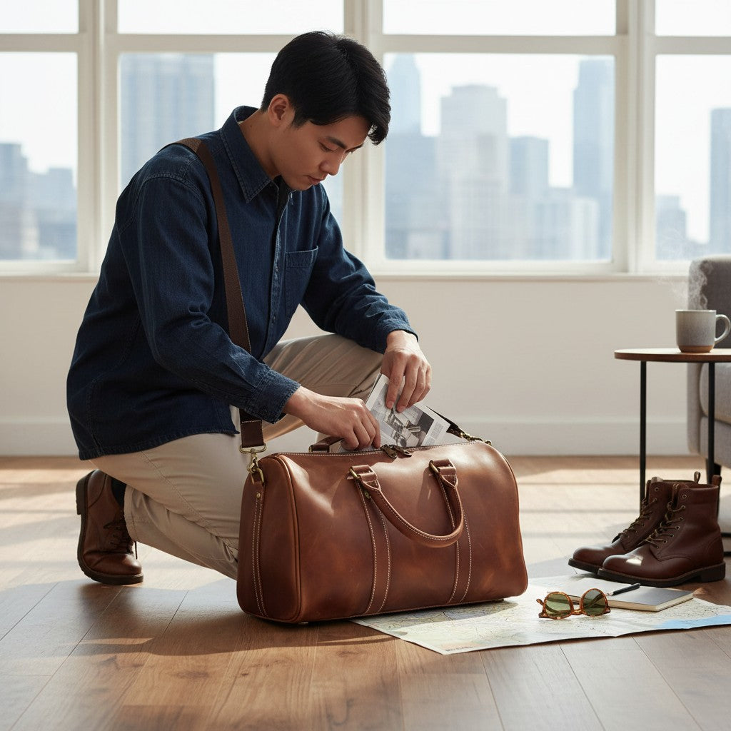 Homme agenouillé préparant son sac de voyage en cuir de vachette vintage marron, posé au sol sur une carte