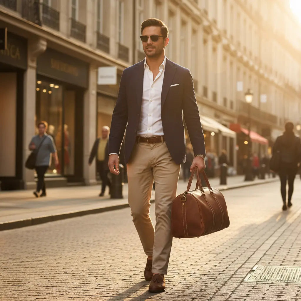 Homme tenant à la main un sac de voyage en cuir de vachette marron dans une rue pavé d'une grande ville.