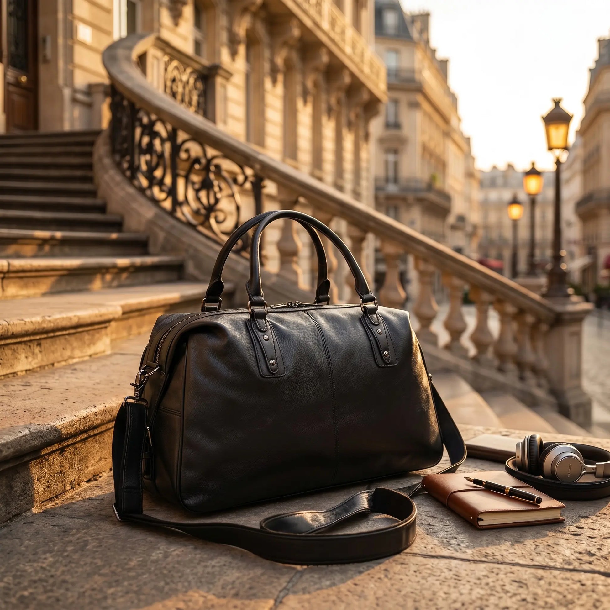 Sac de voyage en cuir véritable avec carnet, casque audio et accessoires de voyage