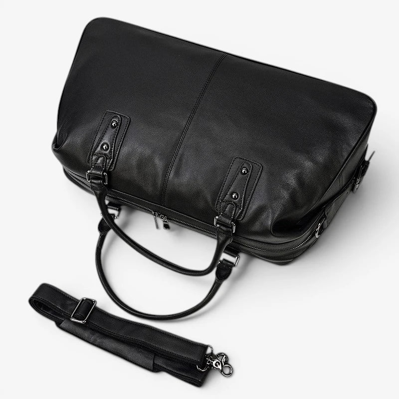 Sac de voyage en cuir véritable avec bandoulière amovible et fermeture zippée