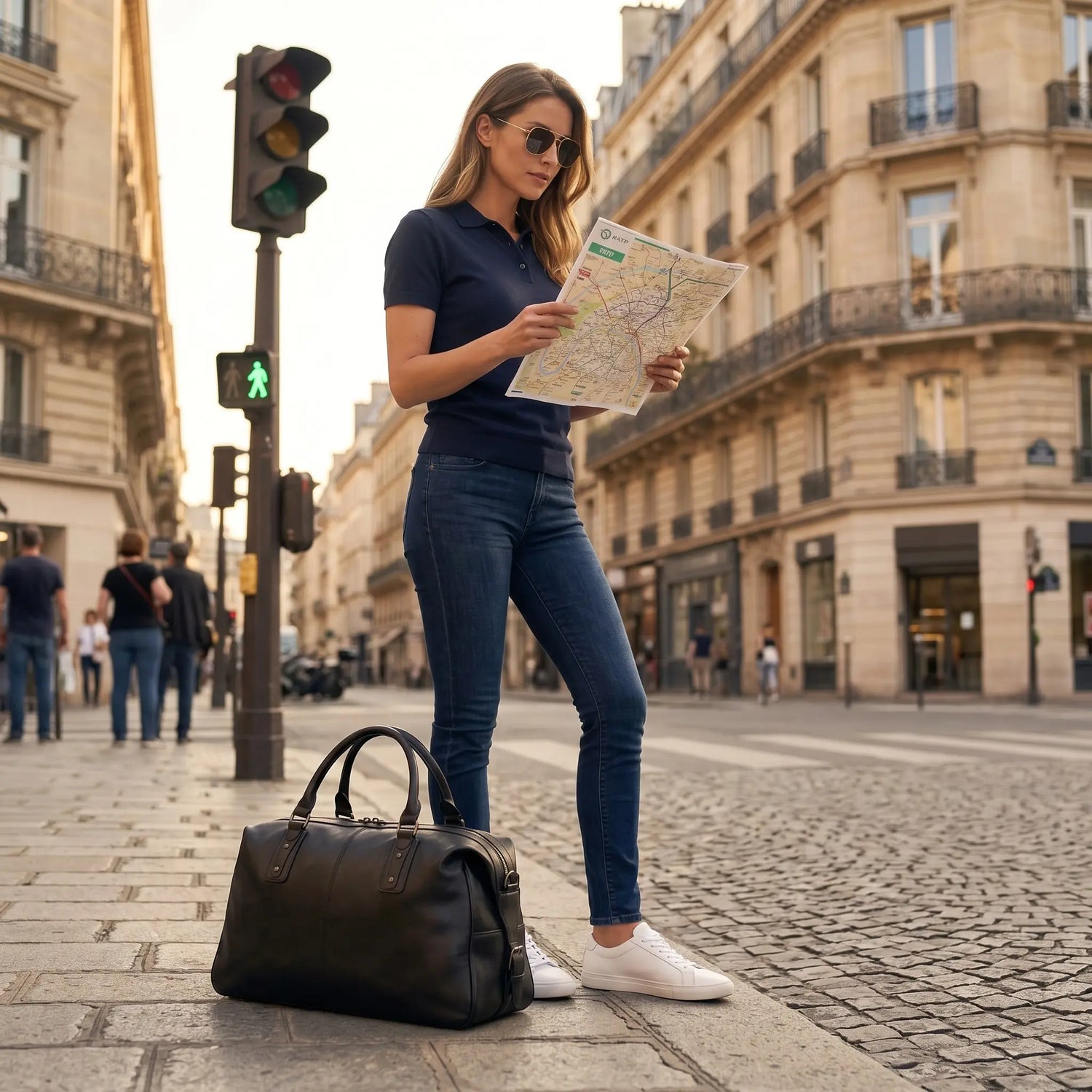 Sac de voyage en cuir véritable posé au sol à côté d'une voyageuse consultant un plan