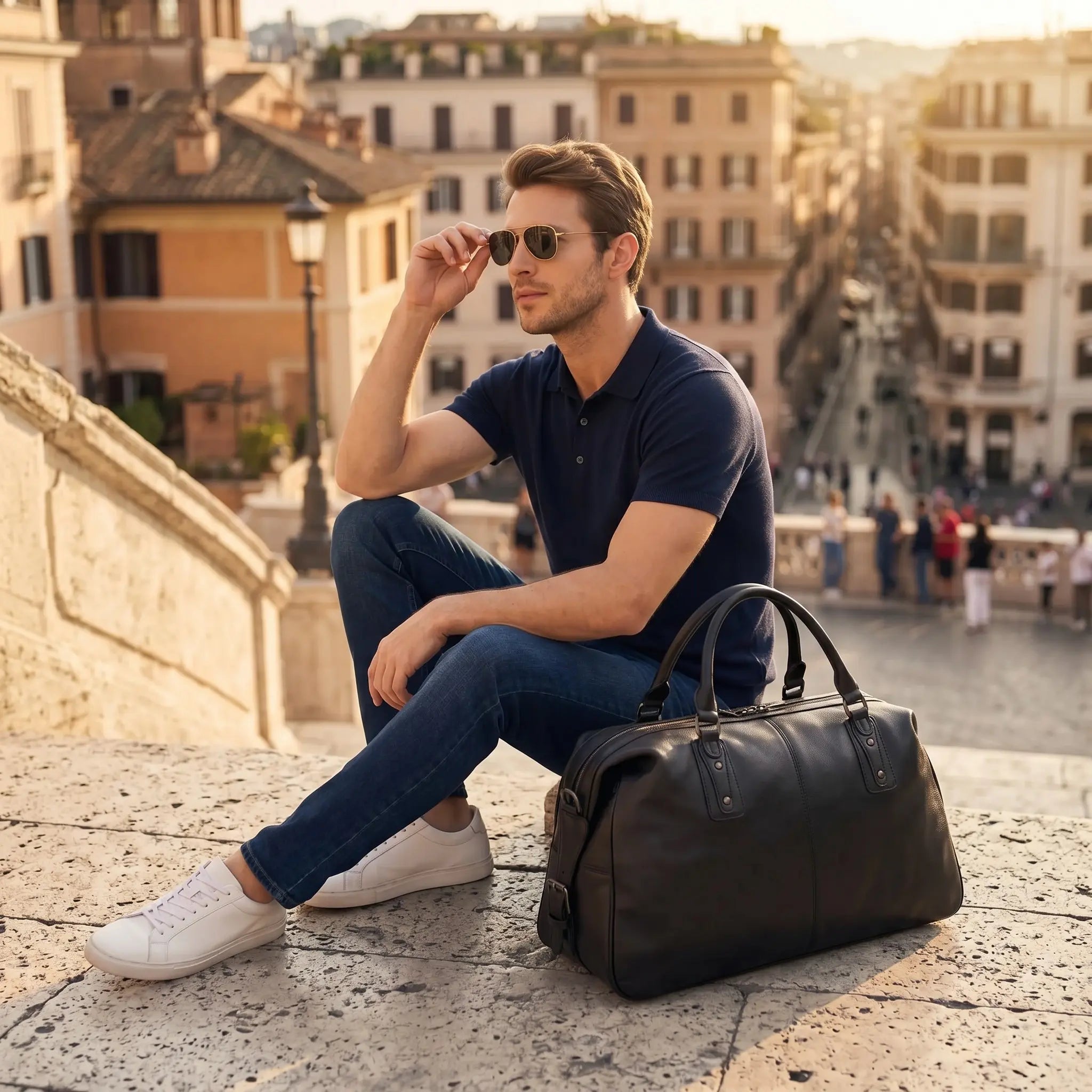 Sac de voyage en cuir véritable posé à côté d'un voyageur en déplacement