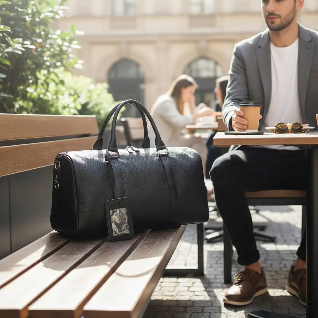 Sac de voyage noir en cuir véritable posé sur un banc extérieur, style sport-chic pour déplacements et week-end.