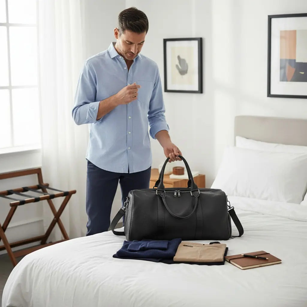 Sac de voyage en cuir véritable noir avec poignée rigide, posé dans une chambre d’hôtel pour un départ en week-end.
