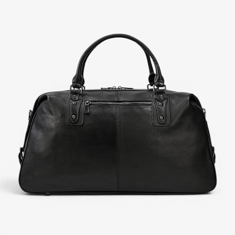 Vue arrière du sac de voyage en cuir véritable avec doubles poignées