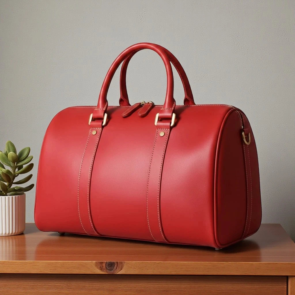 Vue de face du sac de voyage en cuir vintage rouge avec bandoulière réglable
